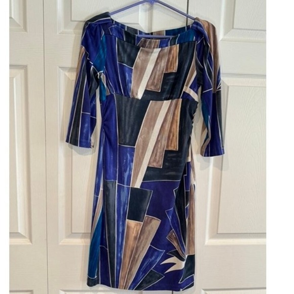 Vintage Diane Von Fustenberg Abstract Print Dress Geometric Boat Neck 3/4 Sleeve - Picture 3 of 5